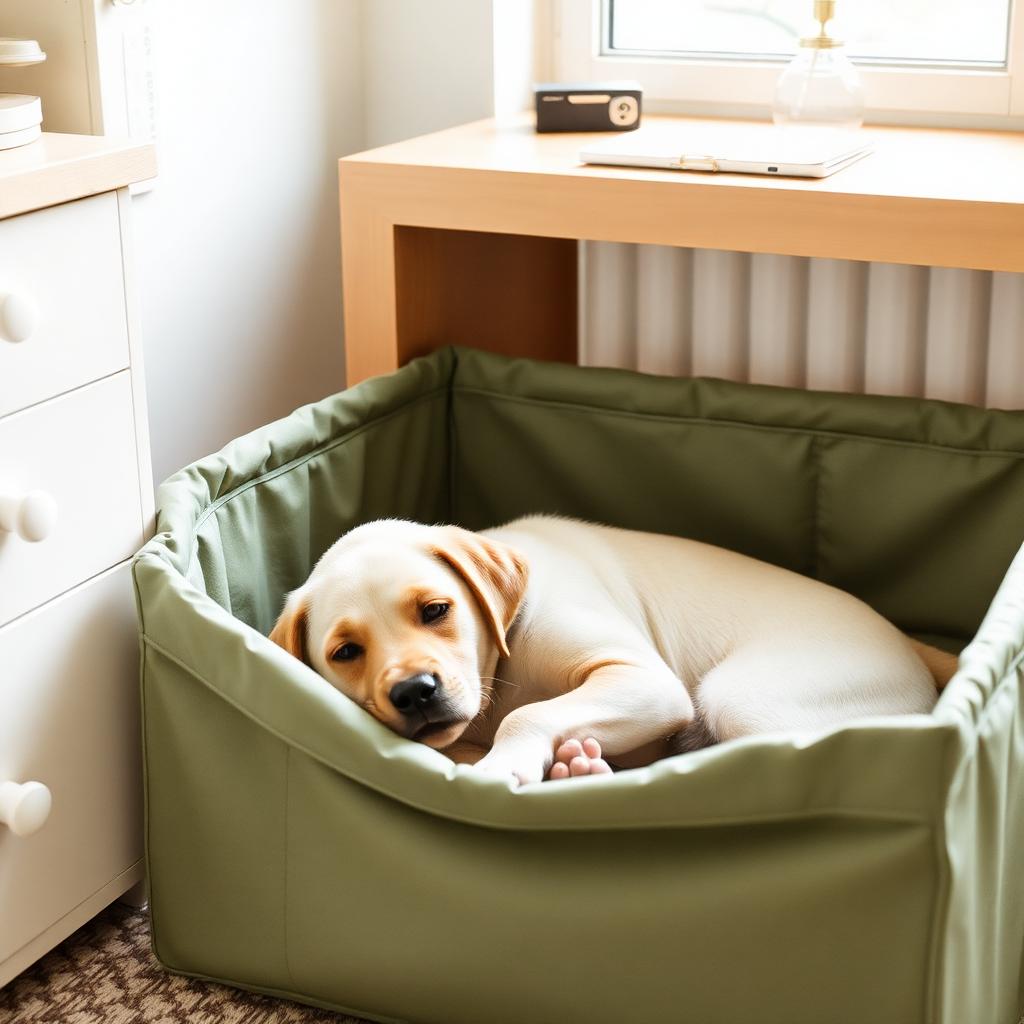 A calm puppy resting quietly in a playpen next to a home office desk
