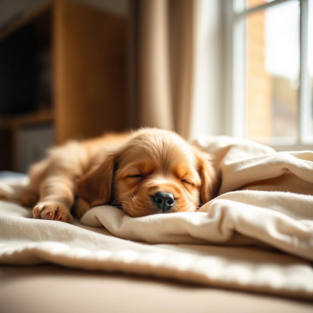 A calm golden puppy sleeping peacefully in soft window light