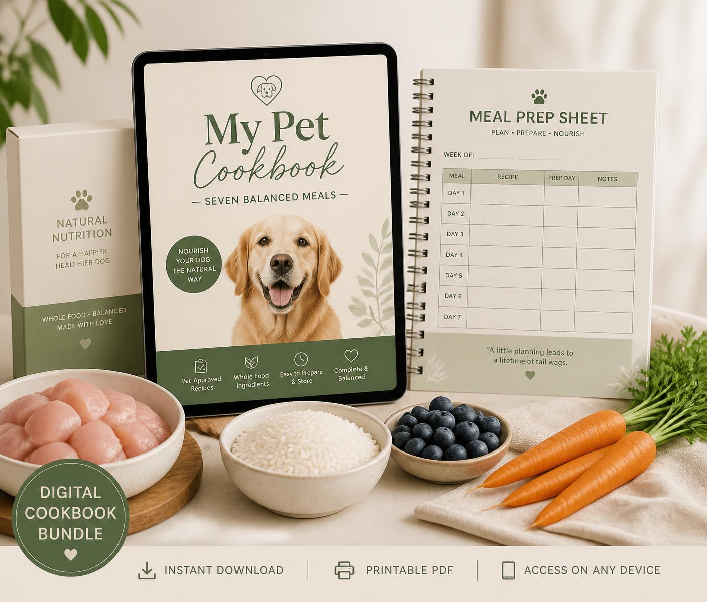 My Pet Cookbook ebook on a tablet beside a printable meal prep sheet and fresh ingredients