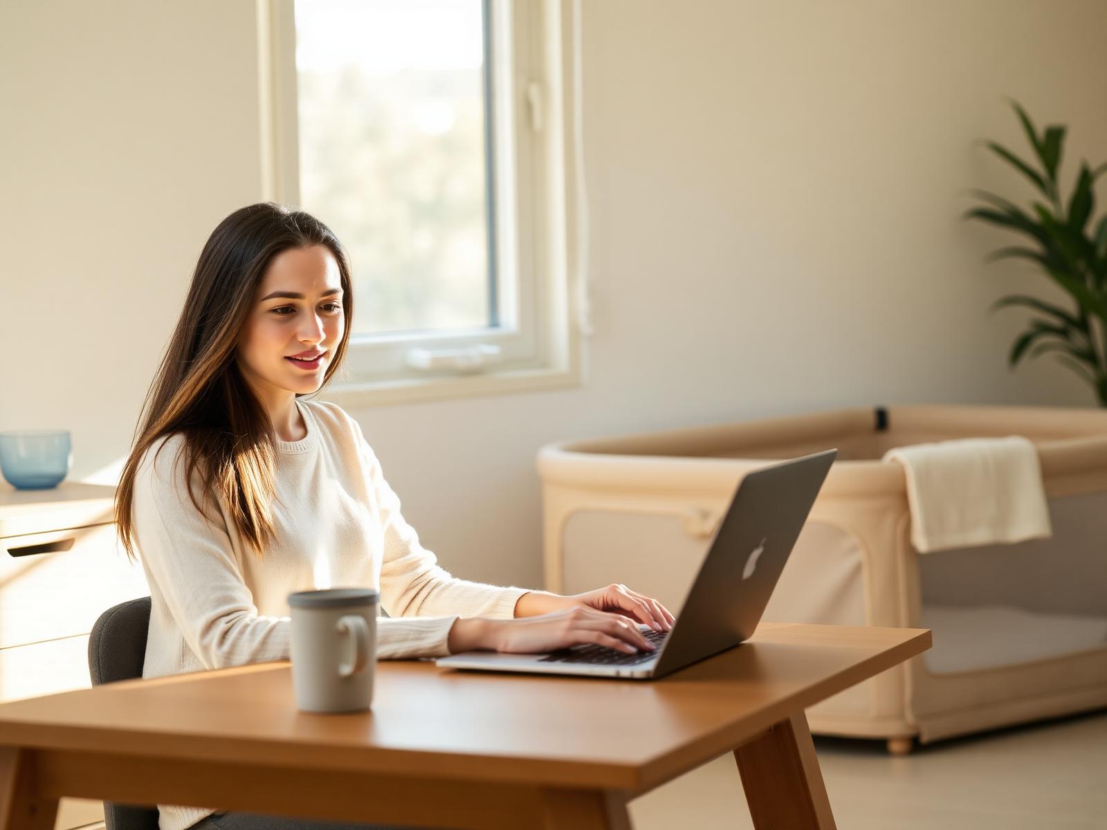 Calm remote worker on a laptop with a puppy resting quietly in a playpen behind her