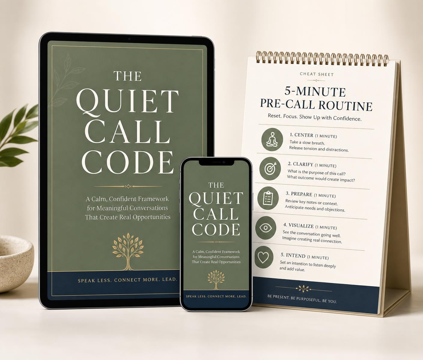 The Quiet Call Code ebook shown on a tablet beside the printable pre-call routine sheet